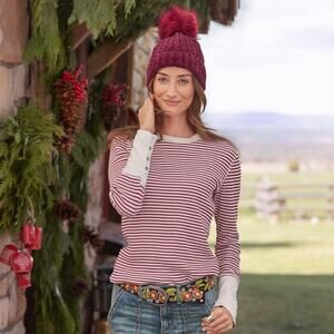 Sundance Elemental Joy Striped Thermal Long Sleeve Top Button Cuffs Red Size L